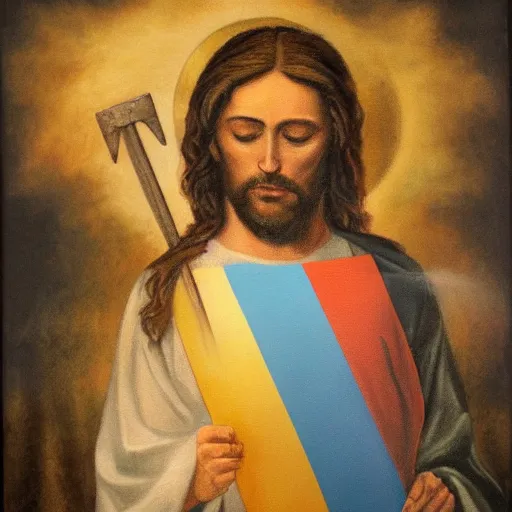 Prompt: realistic old painting of jesus christ with pride flag