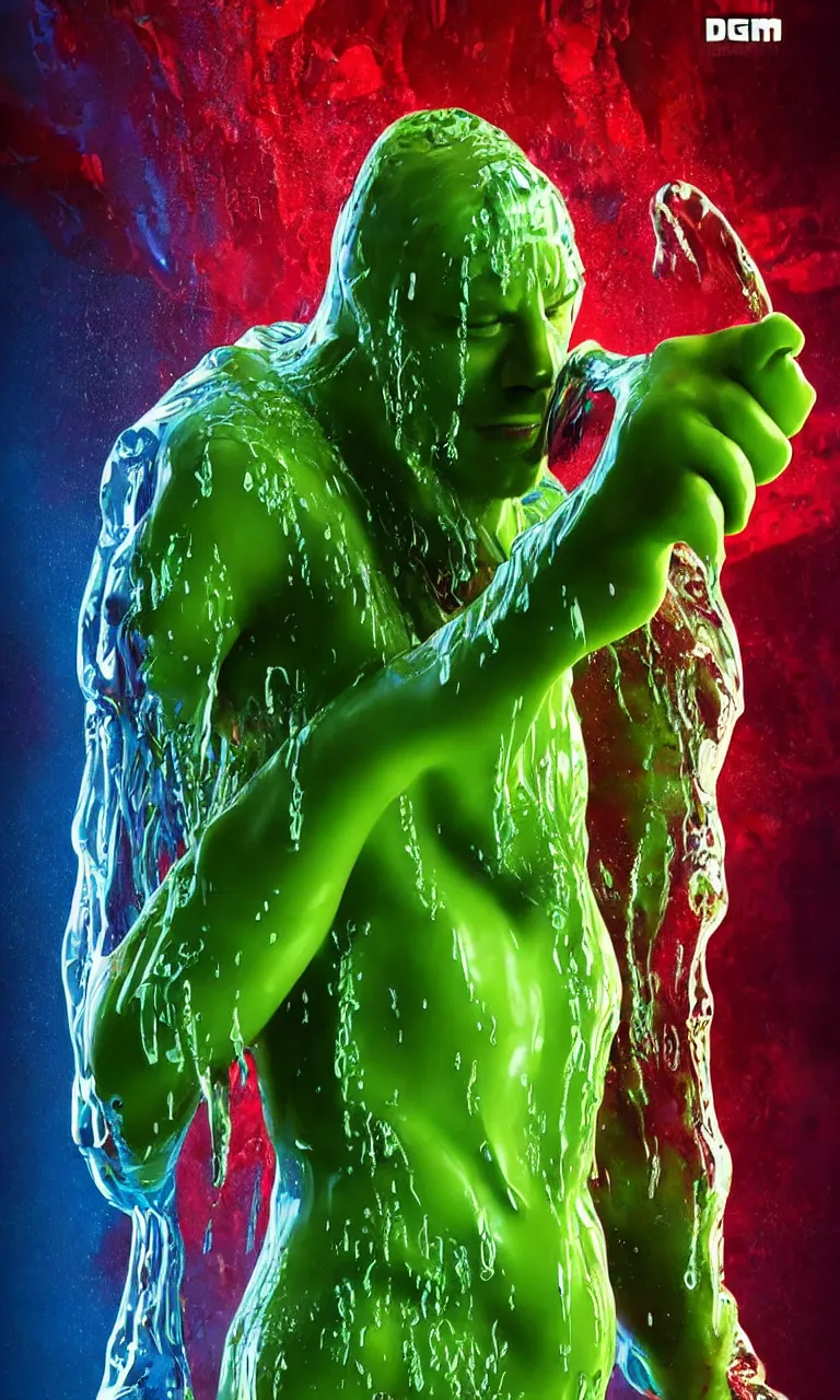 Prompt: cool poster with wet translucent marvel character of slime with focus on complex inner organs, volumetric lighting, subsurface scattering, dramatic lighting, high detail, from new scifi by digital domain and weta digital, strong ambient occlusion, superdetail, matrix movie color grading