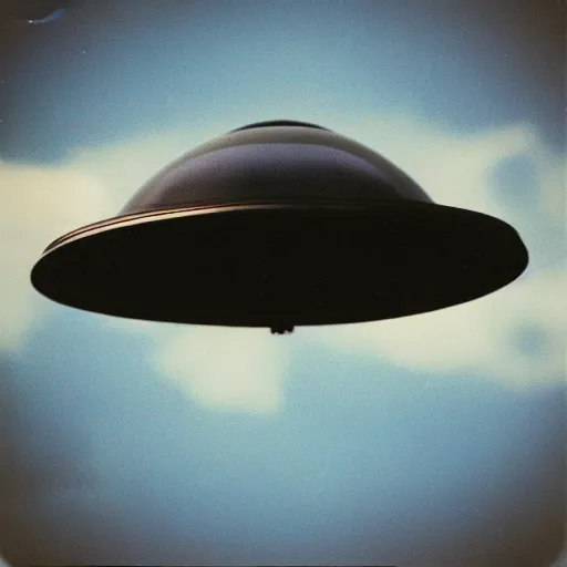 Prompt: a color polaroid photo of an alien flying saucer hovering in the sky, realistic, 4k, trending, high quality, photo journalism, photography, cinematic, national geographic photoshoot