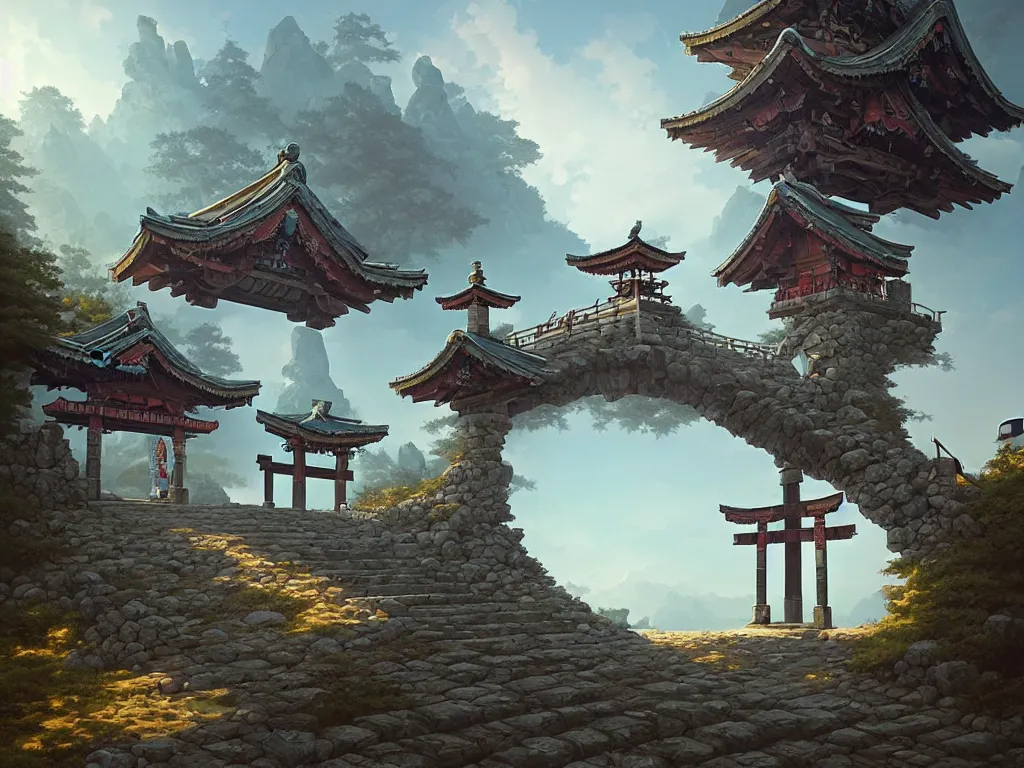 Image similar to a simple shinto gate stands atop stone stairs on a mountain, by peter mohrbacher and dan mumford and nekro, cgsociety, volumetric light, 3 d render