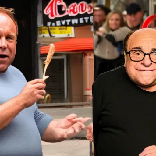 Prompt: Angry Alex Jones chasing after Danny DeVito for stealing his ice cream