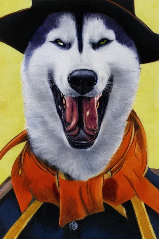 Prompt: a portrait painting of a husky in cowboy costume in the style of anime, a fistful of dollars, character design, humanoid, personify, anthropomorphic