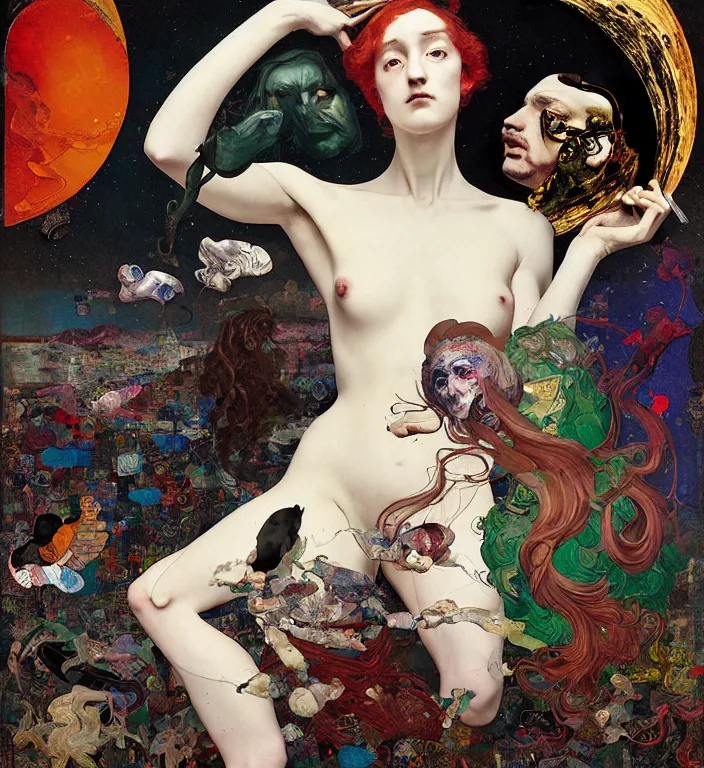 Image similar to over - saturated professional pre - raphaelite decollage painting defined colours old white - headed man under the huge moon on a street of neo toky city by adrian ghenie and takato yamamoto and austin osman spare and edward hopper and mark ryden and tsutomu nihei, very coherent, baroque elements, perfect anatomy, intricate design. pop art.