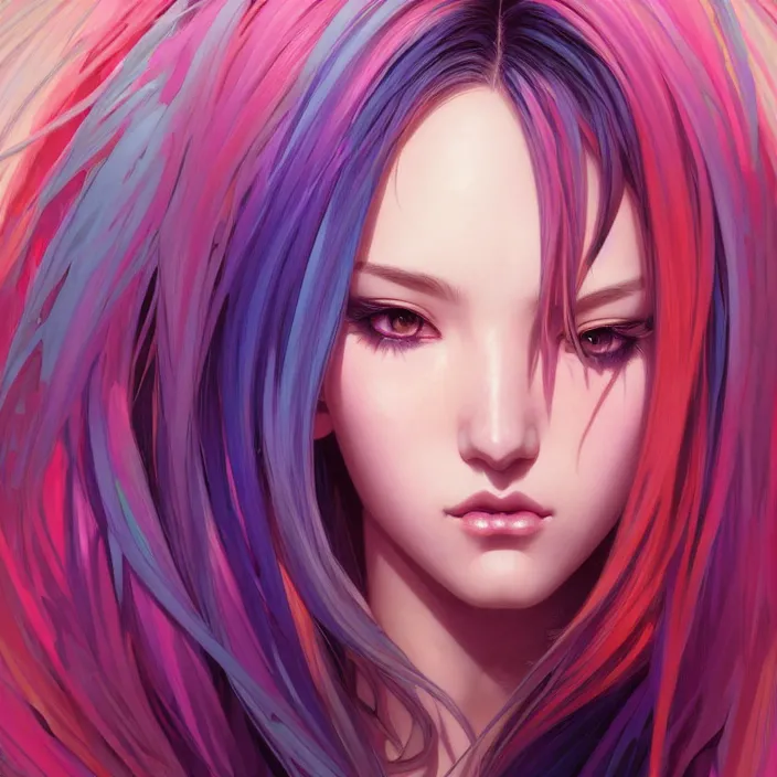 Image similar to portrait of beautiful symmetrical anime girl, rainbow hair, attractive, casual, modern, victoria's secret, highly detailed, digital painting, artstation, concept art, smooth, sharp focus, illustration, art by moebius artgerm, greg rutkowski and alphonse mucha, 8 k,