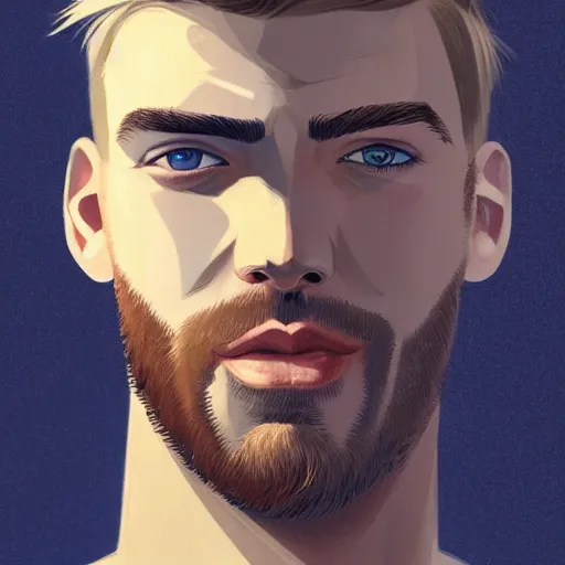 Image similar to tall chunky man in his twenties with brown blond short regular haircut and round facial structure with cleft chin, straight eyebrows, big grey blue eyes, grinning, cheekbones, straight nose, wider face, shadow of beard, atmospheric lighting, painted, intricate, 4 k, highly detailed by charlie bowater