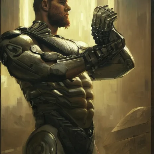 Prompt: handsome portrait of a spartan guy bodybuilder posing, radiant light, caustics, war hero, metal gear solid, ghost in the shell, by gaston bussiere, bayard wu, greg rutkowski, giger, maxim verehin