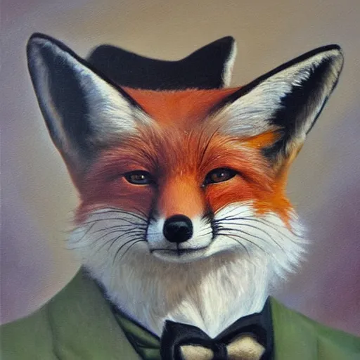 Prompt: male fox wearing tuxedo, oil painting, victorian era