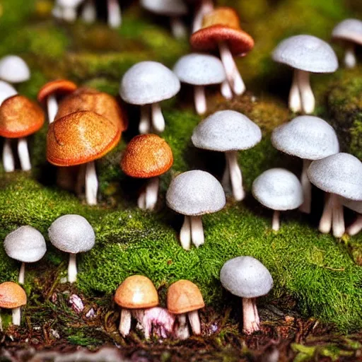 Image similar to close up photograph of small scale mushrooms village, fantasy world