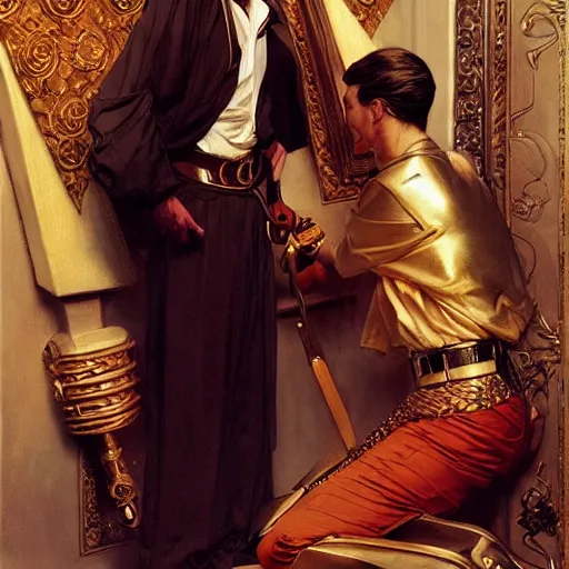 Prompt: attractive fully clothed king confesses his love for his attractive fully clothed male prince. highly detailed painting by j. c. leyendecker, craig mullins, gaston bussiere, mark brooks