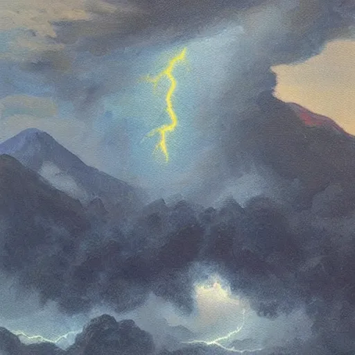 Prompt: “painting, mountain top in a storm being struck by lightning”