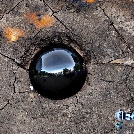 Image similar to A giant shiny black sphere, crashed in the ground, cracks, gas fire in cracks, viewed from the side, hd photograph