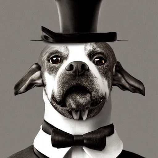 Image similar to portrait of a dog wearing a suit and a top hat and a monocle on one eye, digital art, duotone