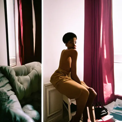 Prompt: realistic!!! photoshoot for a new dior lookbook, color film photography, portrait of a beautiful woman, location in a apartment, in style of tyler mitchell, 35mm