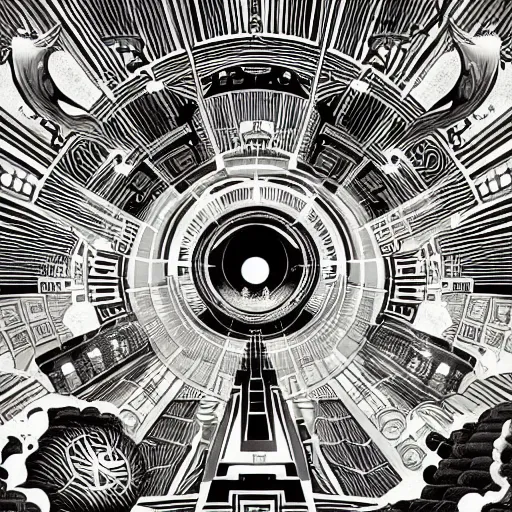 Prompt: black and white art deco style ink drawing of detailed space maelstrom, highly detailed, Nigredo, dark enlightenment, alchemy, Art deco, Vibrant volumetric natural light In style of Josan Gonzalez and Mike Winkelmann and andgreg rutkowski and alphonse muchaand and Caspar David Friedrich and Stephen Hickman and James Gurney and Hiromasa Ogura.