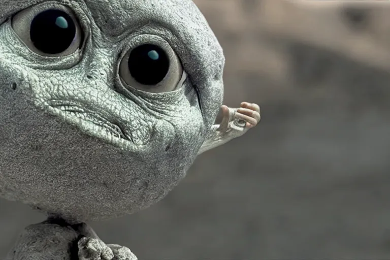 Image similar to vfx movie scene closeup adorable curios tiny little baby alien creature in moon desert eating a rock. by emmanuel lubezki