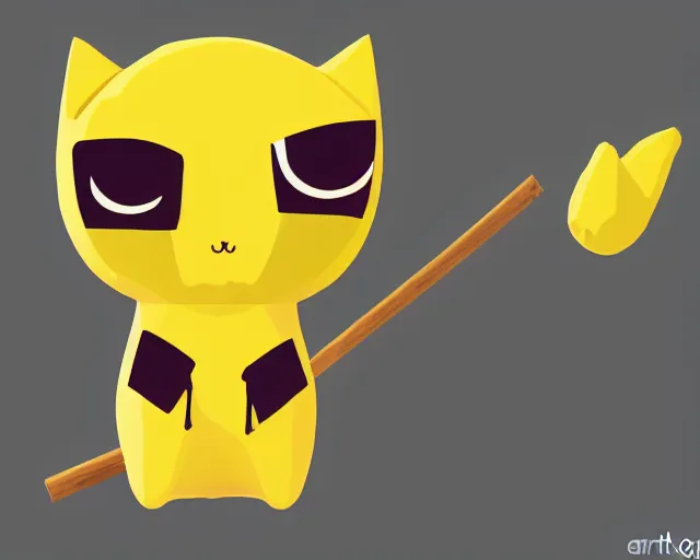 Image similar to a banana with a face of a cat and sticks as hands and legs, polygonal, high resolution, kawaii, cute, sharp focus, artstyle of anime