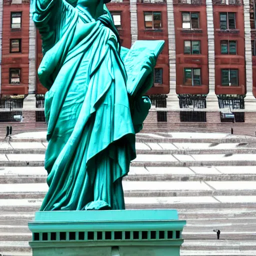 Prompt: liberty statue sitdown pose, new York background, very convincing