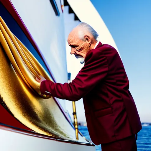 Image similar to wrinkled hunchbacked old man in burgundy suit, polishing painting the side of a gold plated mega yacht with a cloth, maintenance photo