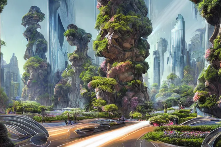 Prompt: futuristic cyberpunk city, advance civilization, luxurious streets, with lush Italian sakura garden located on Waimea canyon in Kauai, rocks formed by water erosion, beautiful smooth sandstone in unique shapes with light beams that shine through its walls, polish narrow slots of walls into a striated swirling finish, digital painting, concept art, smooth, sharp focus, from Star Trek 2021, illustration, by WLOP and Ruan Jia and Mandy Jurgens and William-Adolphe Bouguereau, Artgerm
