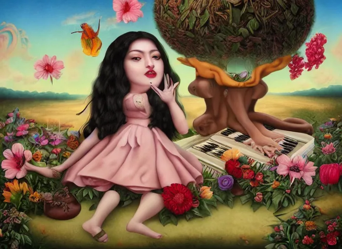 Image similar to 🌻🎹🎼, lowbrow in the style of camille rose garcia and mark ryden and salvador dali, 8 k, matte painting,