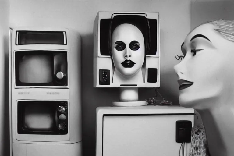 Image similar to beautiful woman robot sticking her head inside of a toy oven, from 1985, bathed in the glow of a crt television, crt screens in background, low-light photograph, in style of jack bridgeland