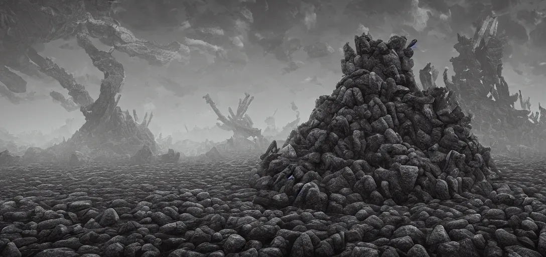 Prompt: charcoal reefs of the soul cairn, in the style of alex konstad, alejandro mirabal, dramatic, tragic, intricate, detailed, beautiful, 8 k resolution