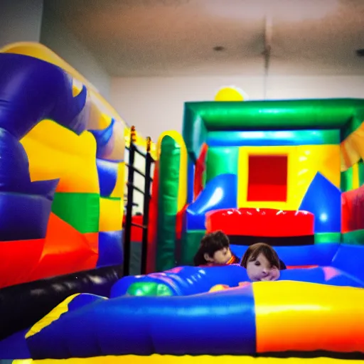 Image similar to a darkly lit indoor children's bounce house photo taken with a deposable camera limital space