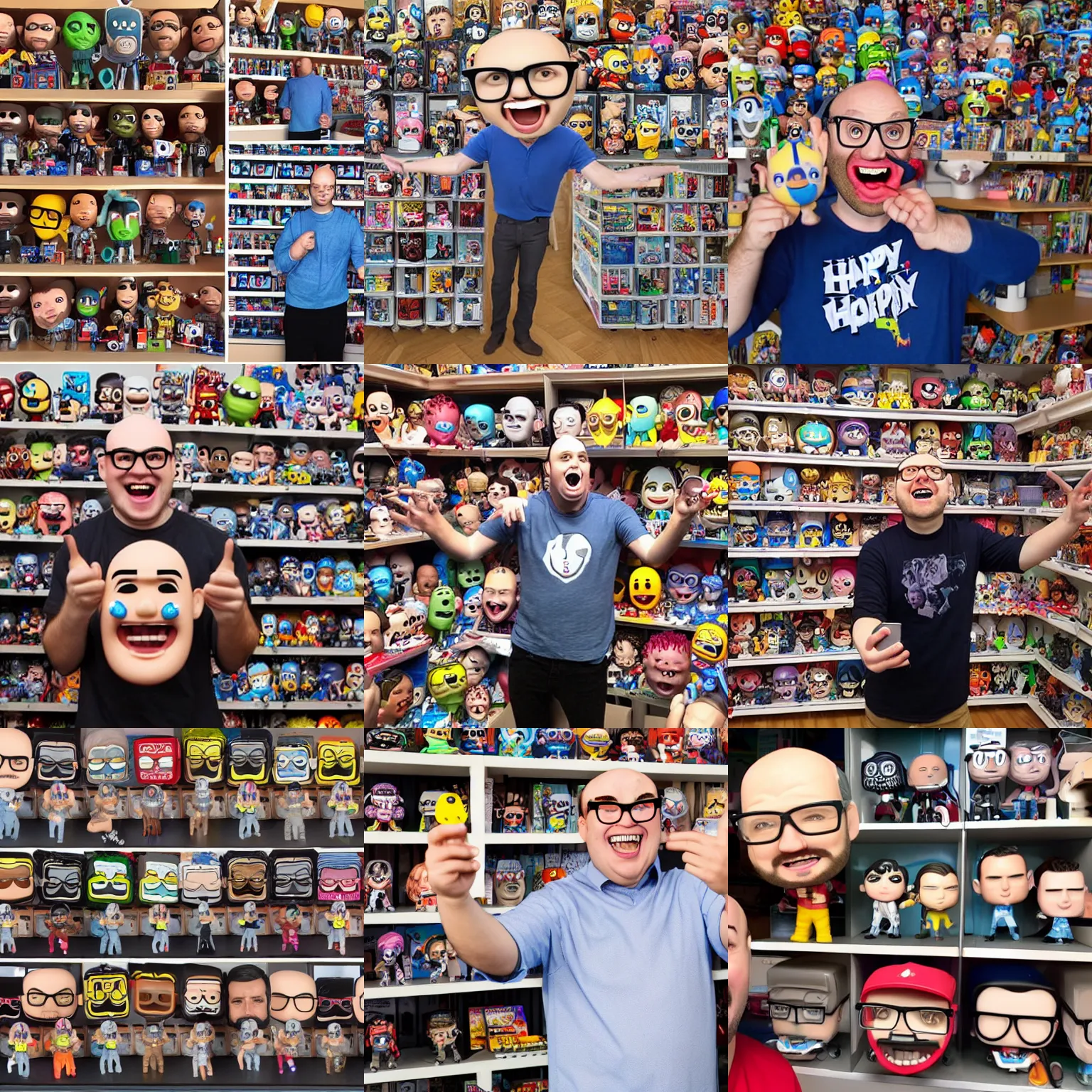 Prompt: a surprised open mouthed nerdy balding guy surprised in front of his collection of funko pop, happy big open mouth, realistic, selfie