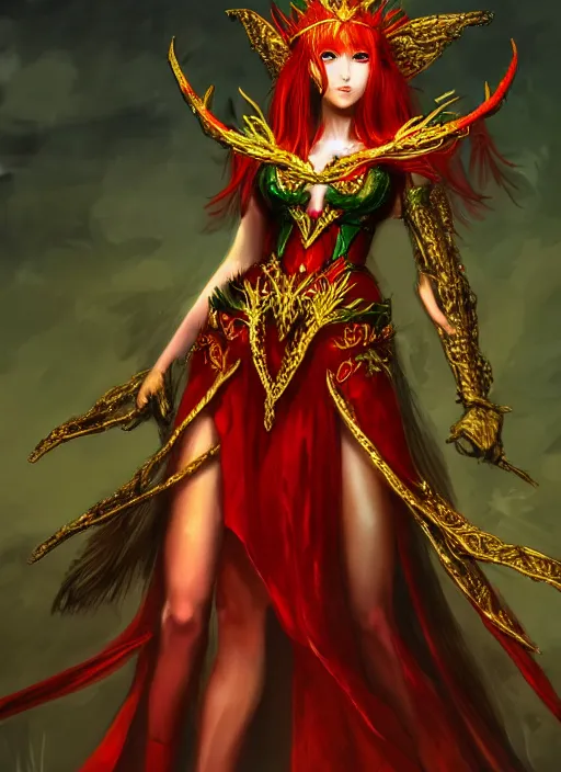 Image similar to Full body portrait of a beautiful red haired elven queen wearing red, green and gold queen dress and elaborate golden crown, bored look. In style of Yoji Shinkawa and Hyung-tae Kim, trending on ArtStation, dark fantasy, great composition, concept art, highly detailed.