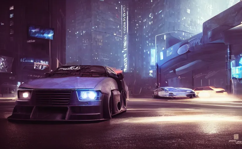 Image similar to One sport vehicle in the streets at night whit blue headlights on by Khyzyl Saleem , night time, stormy wheater, atmospheric, artstaion, concept art, sharp focus, high detail, octane render, cyberpunk