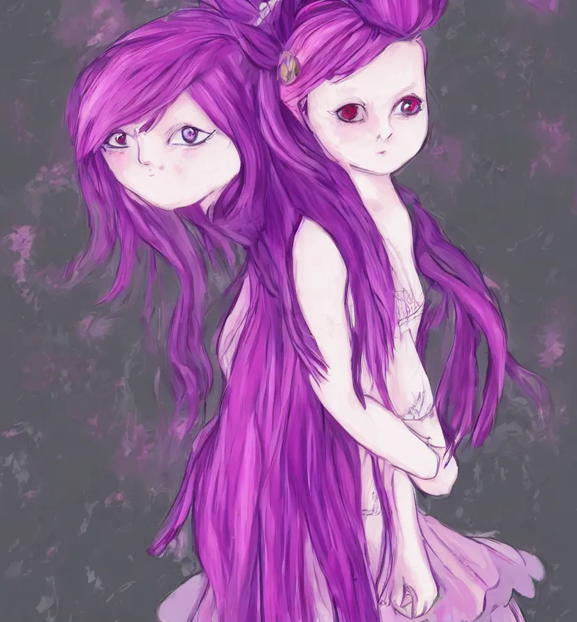 Image similar to little girl with eccentric pink hair wearing a dress made of purple feather, art by dcwj