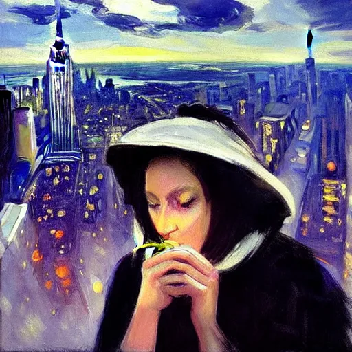 Image similar to “ a girl holding a lit cigarette looking down at a futuristic new york city below, ghostpunk, detailed face, oil painting, stormy sky, by george bellows ”