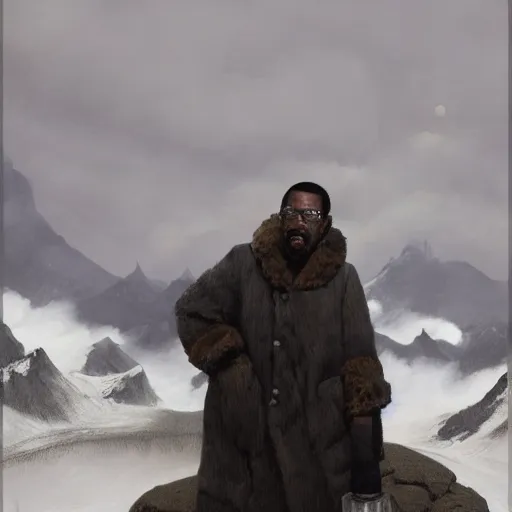 Prompt: Portrait Portrait of Pootie Tang the Guy emerging from poofy tigerskin coat whilst standing atop a cloud-covered mountain peak greg rutkowski dan witz paul klee andrew wyeth tom bagshaw stanton feng bastien lecouffe-deharme tombow oil painting