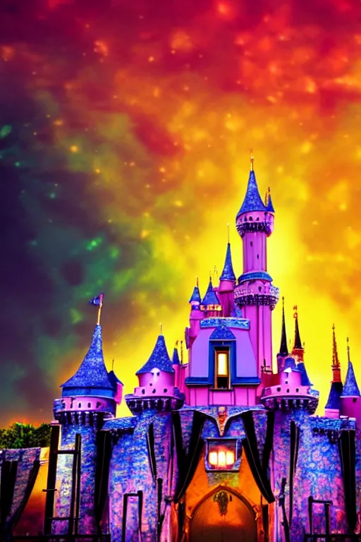 Image similar to concept art of disneyland castle, synthwave, sunset, fireworks, neon