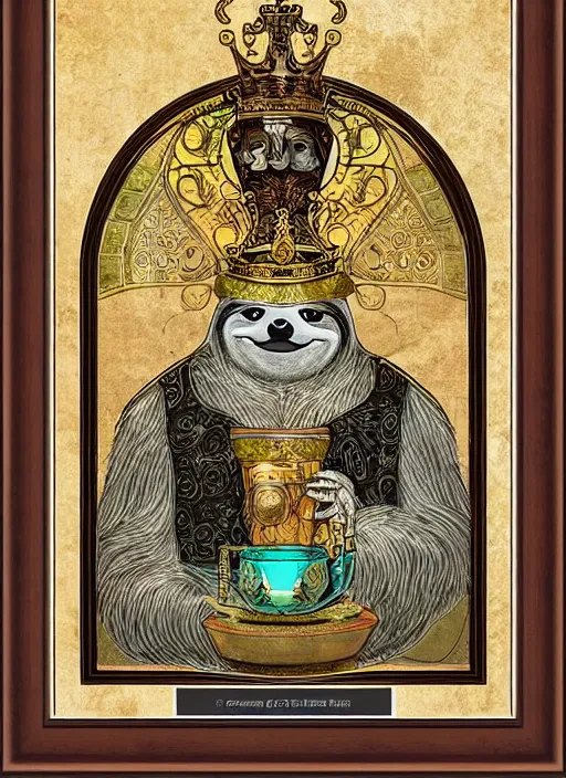 Image similar to sloth as the king of cups, copper cup, coper crown, poster framed, intricate details, medieval art style, high contrast, posterized