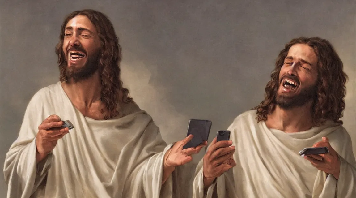 Image similar to portrait of jesus laughin because see a meme in him cellphone, no letters