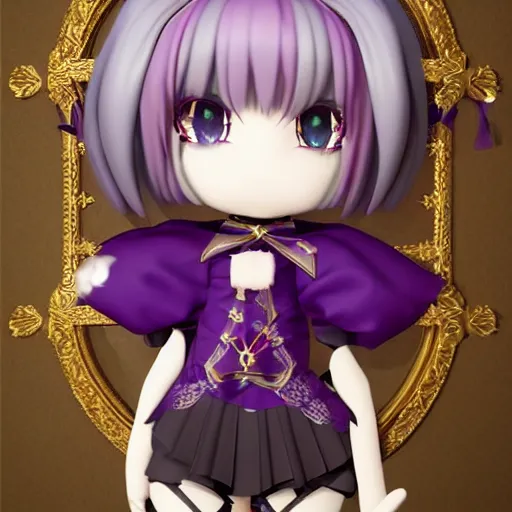 Prompt: cute fumo plush of a gothic maiden in a dark purple uniform with gold highlights, laces and ribbons, soft shadow, anime girl, vray, symmetry, white frame