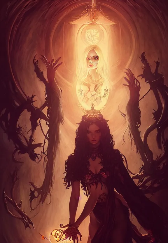 Image similar to occultist witch conjuring a demon, fantasy magic, dark light night, intricate, elegant, sharp focus, illustration, highly detailed, digital painting, concept art, matte, art by wlop and artgerm and greg rutkowski and alphonse mucha, masterpiece