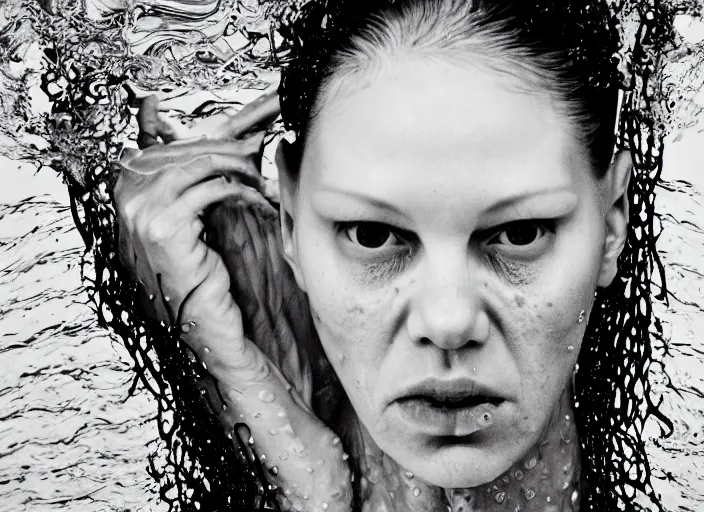 Prompt: mid shot portrait of a woman in swim class, in the style of David cronenberg ,scary, weird, high fashion, ID magazine, vogue magazine, homes and garden magazine, surprising, freaky, freak show, realistic, sharp focus, 8k high definition, medium format film photography, photo realistic, insanely detailed, intricate, elegant, art by yoshitaka amano and David kostic and stanley lau and artgerm