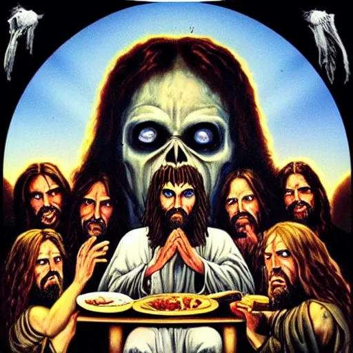 Prompt: the lord's supper, jesus accompanied by undeads in iron maiden album cover style