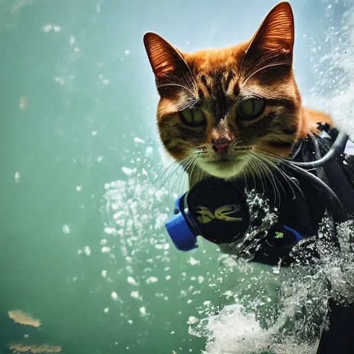 Image similar to cat wearing diving suit swimming in a river, 8k photograph, cat photography