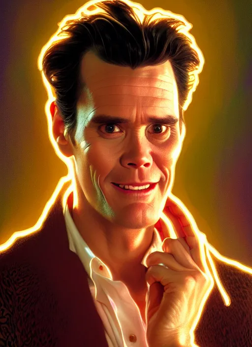 Image similar to portrait of ace ventura jim carrey, glowing lights intricate, elegant, highly detailed, digital painting, artstation, concept art, smooth, sharp focus, illustration, art by artgerm and greg rutkowski and alphonse mucha, 8 k