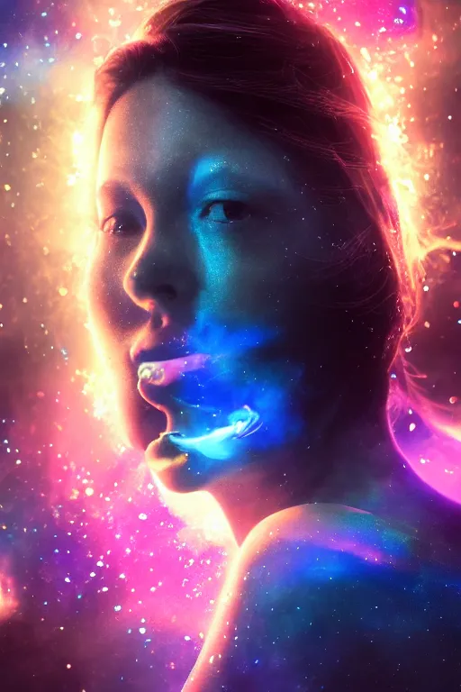 Image similar to a stoner girl blowing smoke that turns into a galactic nebula, dramatic lighting, cinematic, establishing shot, extremely high detail, foto realistic, cinematic lighting, post processed, concept art, high details, cinematic, 8k resolution, beautiful detailed, photorealistic, digital painting, artstation, concept art, smooth, sharp focus, artstation trending, octane render, unreal engine