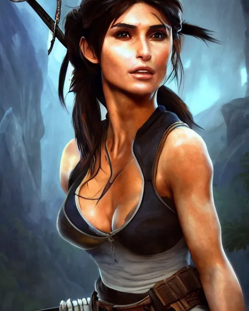 Prompt: caterina murino as lara croft, fantasy art, in the style of artgerm, illustration, epic, fantasy, intricate, hyper detailed, artstation, concept art, smooth, sharp focus, ray tracing, vibrant, photorealistic, simon bisley