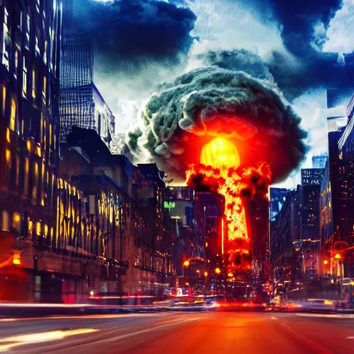 Prompt: centered action photography shot of extremely detailed hyper realistic nuclear bomb explosion in a city, professional film photography, 8 k, cinematic framing,