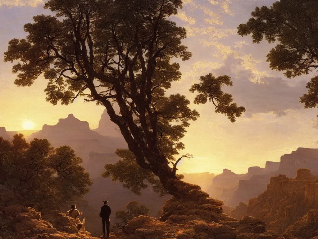 Image similar to romantic painting, wide shot of a lone gentleman in 1 9 th century clothing ( looking at his cellphone )!!!!!! in front of a the grand canyon at sunrise, highly detailed, sublime, hyperrealistic, painted by caspar david friedrich and albert bierstadt, trending on artstation 8 k