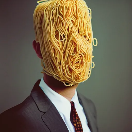 Image similar to sharp portrait of a man in a suit with a face made of spaghetti standing in los angeles with blured zombies on a background, bokeh, detailed, film photography, kodak portra 4 0 0, mamiya,