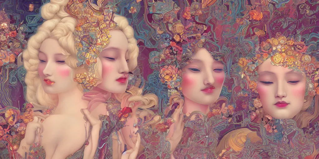Image similar to breathtaking detailed concept art painting art deco pattern of blonde faces goddesses by hsiao - ron cheng, amalgamation flowers, bizarre compositions, kaleidoscope, exquisite detail, extremely moody lighting, 8 k