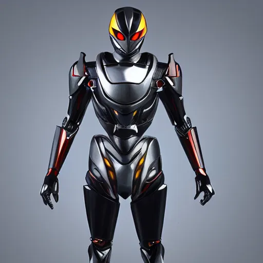 Prompt: Bio mechanical Kamen Rider, glowing eyes, daytime, grey rubber undersuit, segmented armor