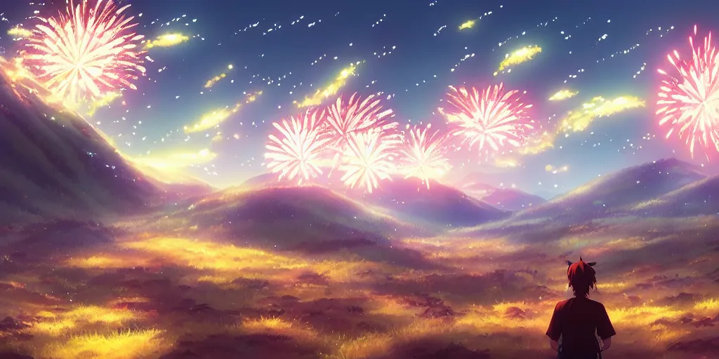 Image similar to fireworks, mountain, summer festival wide landscape, eva, war, lonely, art by makoto shinkai